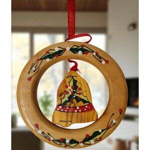 Vintage Handmade Wood Double Hanging Ornament Bell Holly Folk Art
